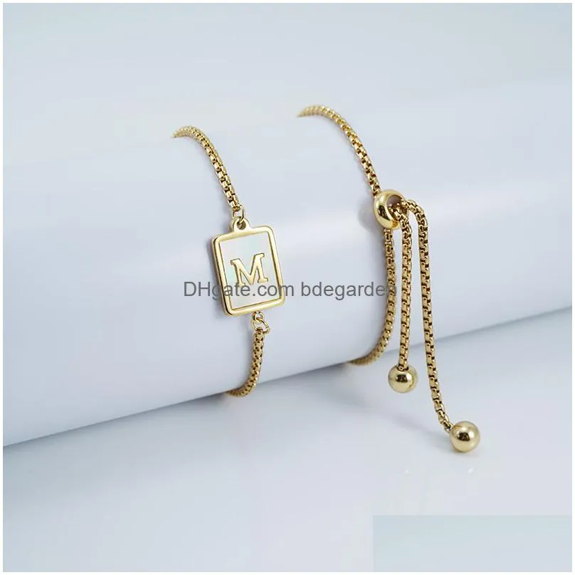 Chain Titanium Steel Nature Shell A-Z Letter Chain Bracelet Adjustable Square 18K Gold Bracelets For Women Wholesale Jewelry Bracelets Dhu7N