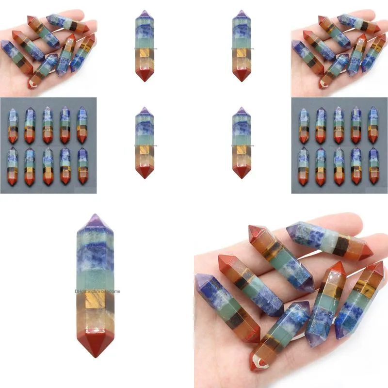 Lockets Natural Gemstone 7 Chakra Double Pointed Hexagonal Pillar For Jewelry Diy Energy Healing Crystal Jewelry Necklaces Pendants Dhjcu