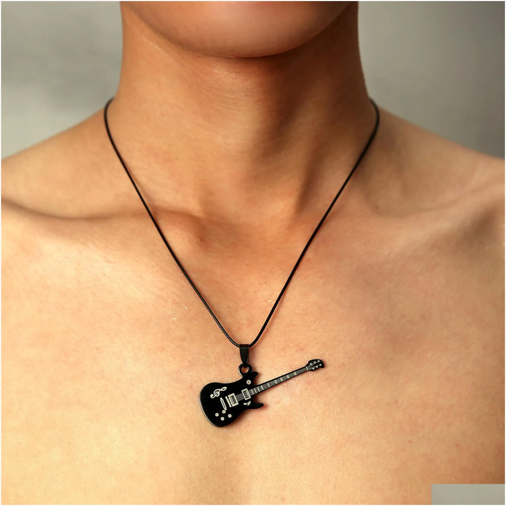 Pendant Necklaces Fashion 316L Stainless Steel Guitar Necklace For Men Pendants Leather Chain Man Necklaces Jewelry Necklaces Pendants Dhpch