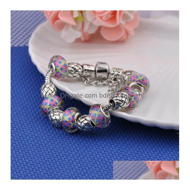 hot sale couples bracelet large hole round beads beaded crystal azure stone diy jewelry lover bracelets wristbands 2 piece