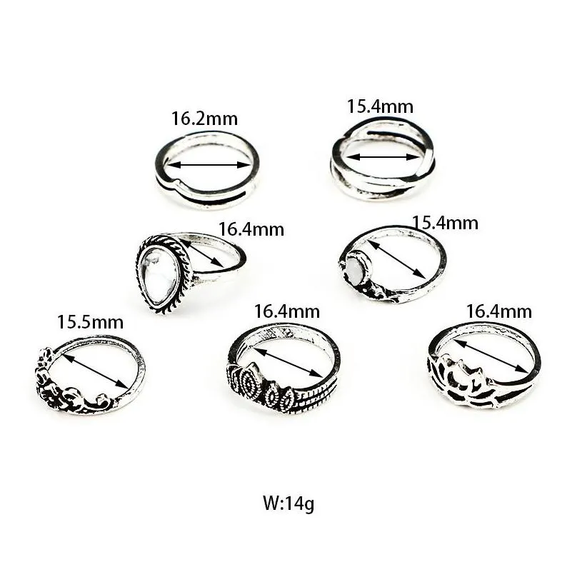 Band Rings 7Pcs Set Vintage Hollow Carved Flower Rhinestone Ring For Women Men Party Accessories Finger Rings Gold Sier Color Jewelry Dhspw