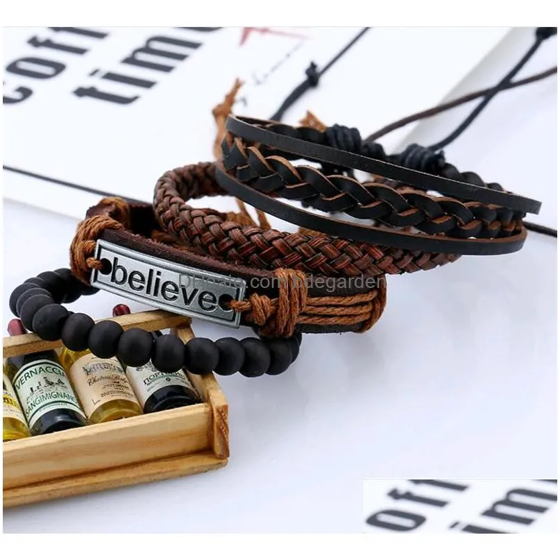 punk retro vintage weave bracelet sets pu leather believe braided rope hand jewelry for men women