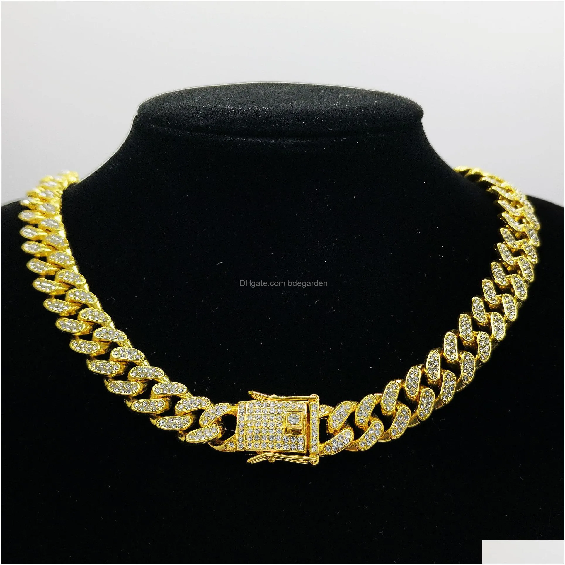 Chain Flat Cuban Link Chain Bracelet 1M Rhinestone Gold Plated Cuba Necklace Hip Hop Jewelry For Men Women Jewelry Bracelets Dhao2