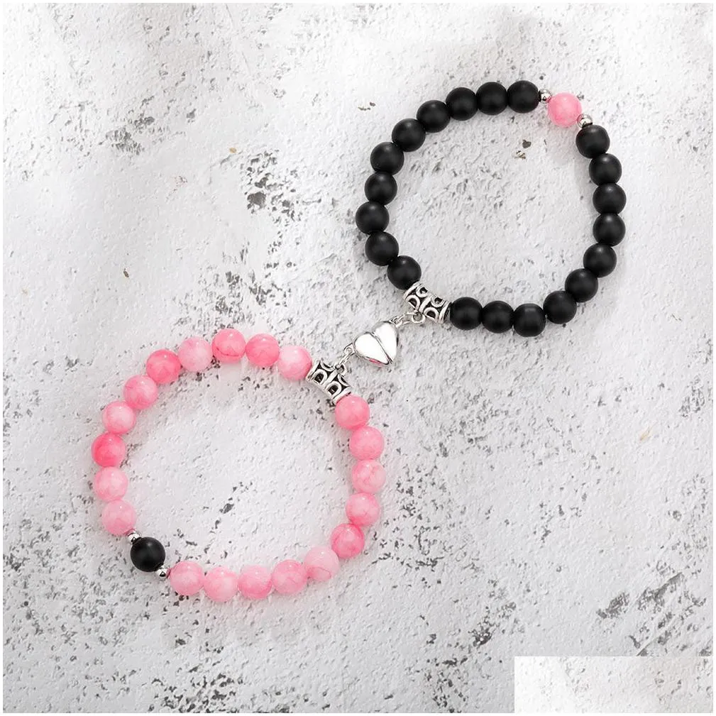 2pcs set creative magnet attract couple charm strand bracelets good friend lover 8mm natural stone beads crown stretch bracelet for