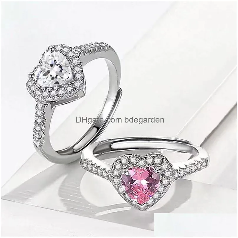 Solitaire Ring Light Luxury Heart Ring Delicate Pink And White Gemstone Zirong Diamond Rings For Women Weddings Engagement Jewelry Rin Dhjuz