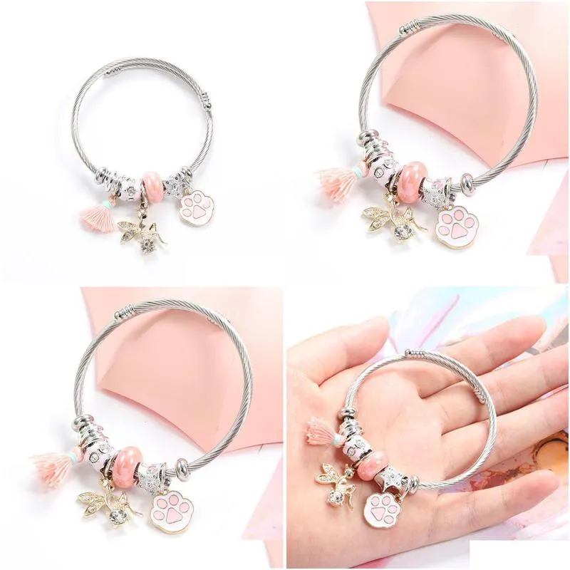 Charm Bracelets Korea Sweet Cute Bracelet Diy Cat Paw Print Wire Rebound Bracelets European And American Elegant Fashion Jewelry Jewel Dhp6F