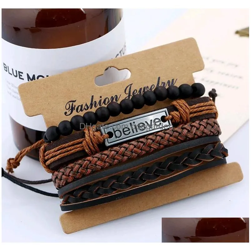 punk retro vintage weave bracelet sets pu leather believe braided rope hand jewelry for men women