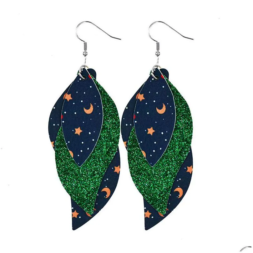 Dangle & Chandelier New Christmas S Shaped Leather Dangle Earrings Double Layer Women Print Teardrop Leaf Accessories Fashion Jewelry Dhswc