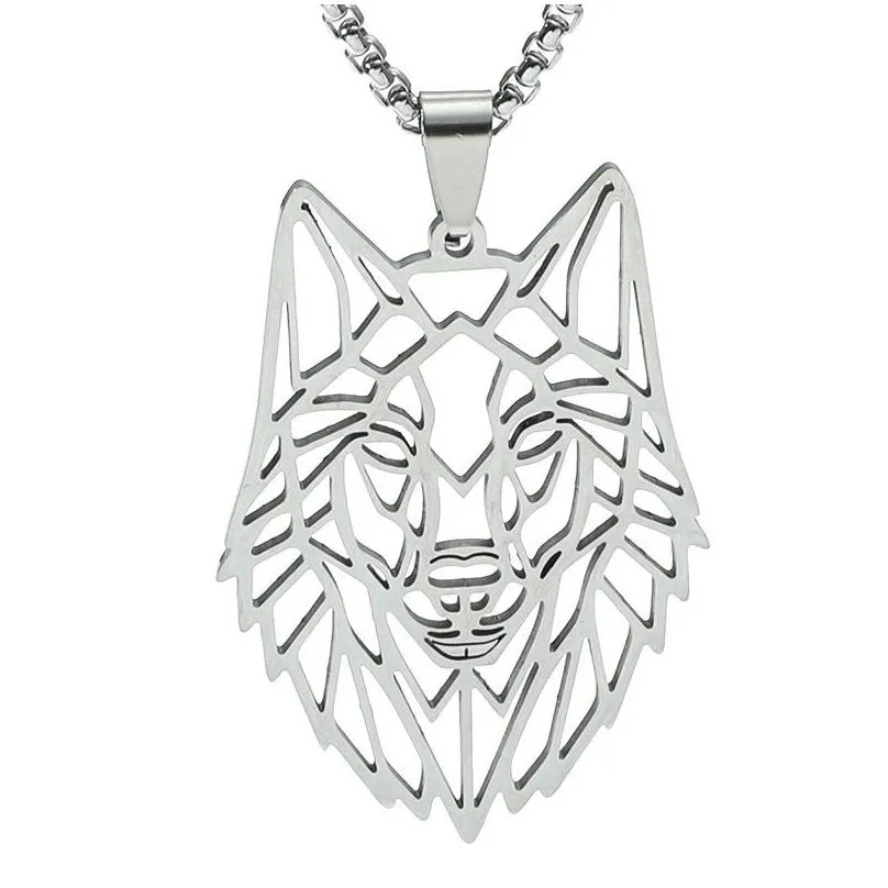 Pendant Necklaces Stainless Steel Hollow Wolf Head Necklace Punk Charm Animal Pendant Torque Special Gift For Man Jewelry Fashion Jewe Dhcpt