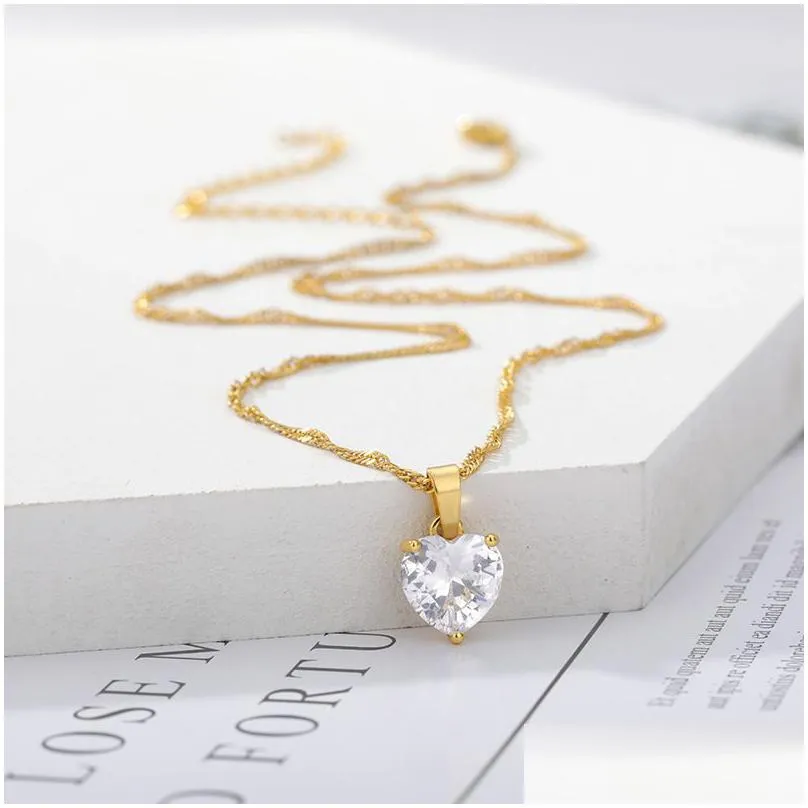 Pendant Necklaces Fashion Heart Necklace For Women Couple Lovers Gold Stainless Steel Chain Chocker Female Pendant Necklaces Cute Zirc Dh831