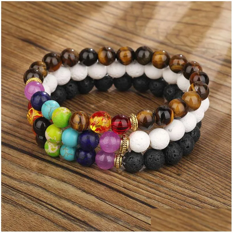 Beaded 8Mm Natural Stone Tiger Eye Strand Bracelets For Women Men 7 Chakra Bead Reiki Healing Meditation Bracelet Braided Rope Adjusta Dh6Ab