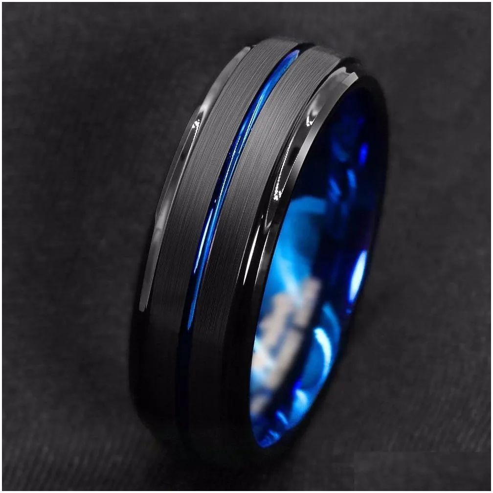 Band Rings Titanium Ring For Men Surface Black Groove Inside Blue Face Stainless Steel Rings Highlight Man Temperament Light Luxury Je Dhkid