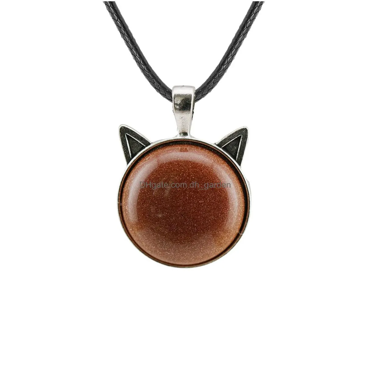 natural crystal cat head shaped pendant necklace with leather rope healing crystal energy holiday gift for friends and family