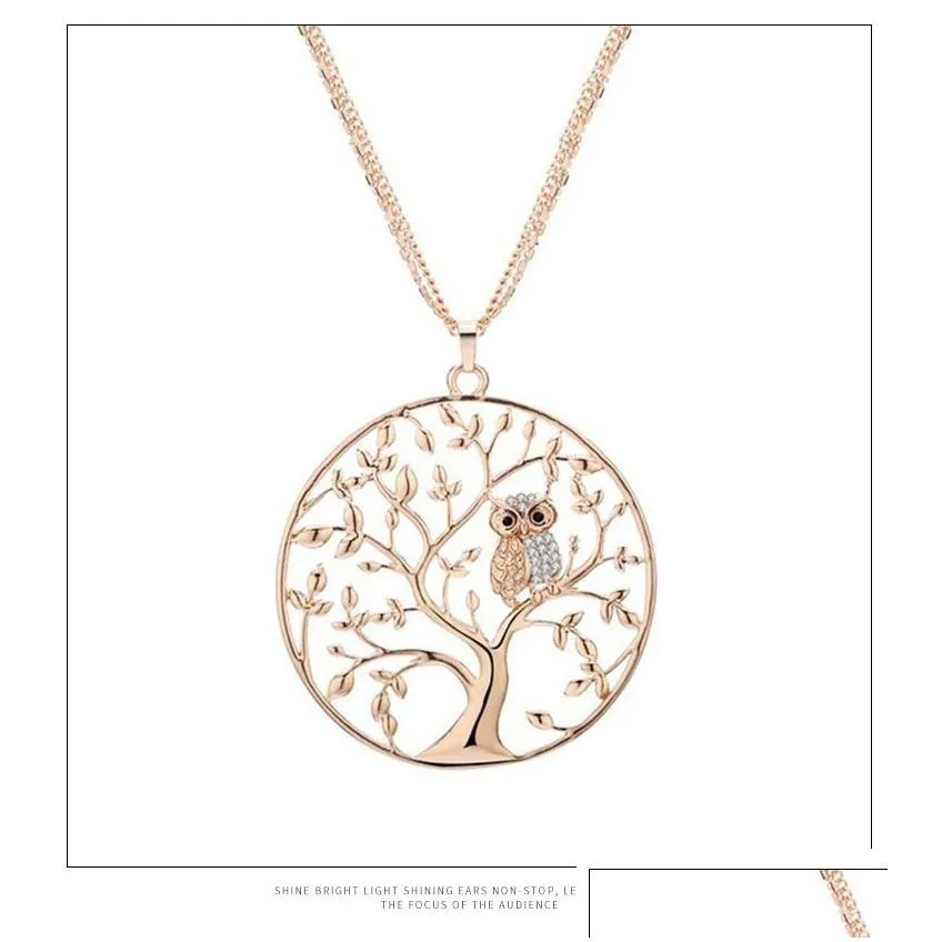 Pendant Necklaces Small Owl Tree Necklace For Women Rhinestone Pendant Rose Gold Sweater Chain Long Necklaces Statement Jewelry Jewelr Dhbmb