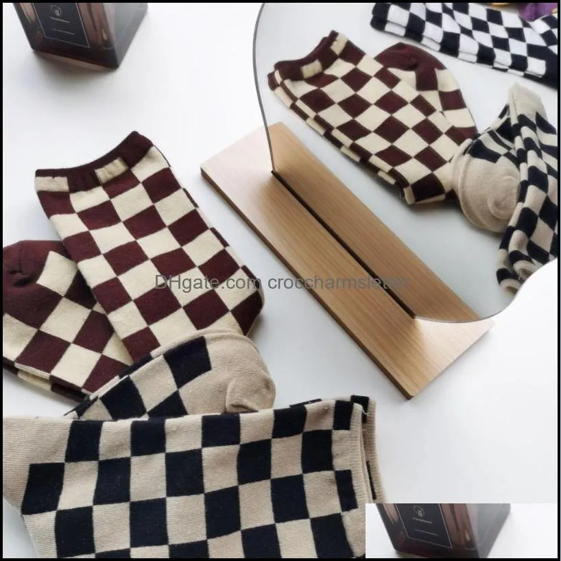 stockings tube stockings checked stockings fashion socks fashion checkerboard women s cotton medium black and white