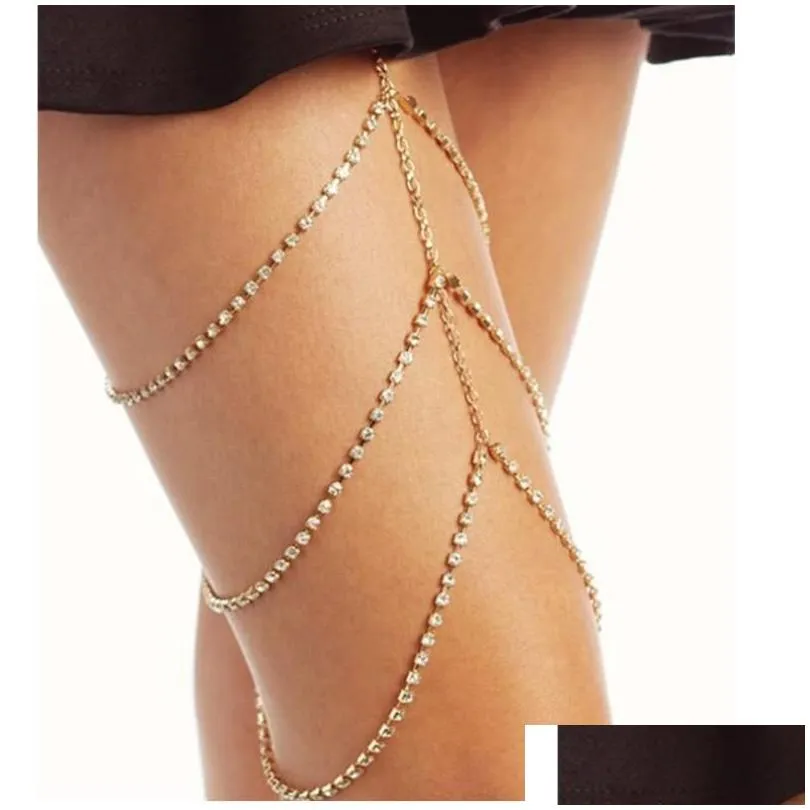 Anklets Rhinestones Leg Thigh Chain Shiny Women Sexy Body Harness Jewelry Beach Multi Layers Gold Color Chains