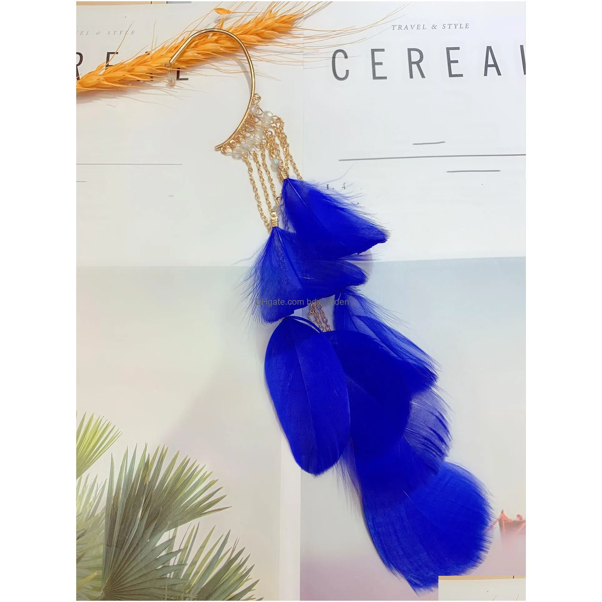 bohemia feather earrings long chain tassel single side ear hook dangle chandelier earings clip red blue black sale 20pcs lot