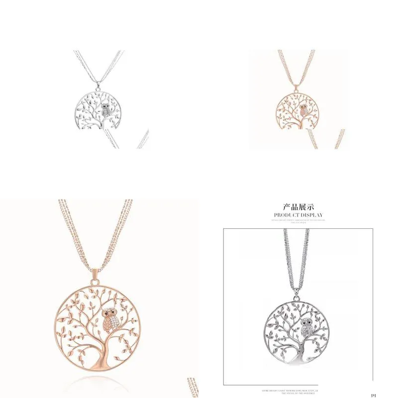 Pendant Necklaces Small Owl Tree Necklace For Women Rhinestone Pendant Rose Gold Sweater Chain Long Necklaces Statement Jewelry Jewelr Dhbmb