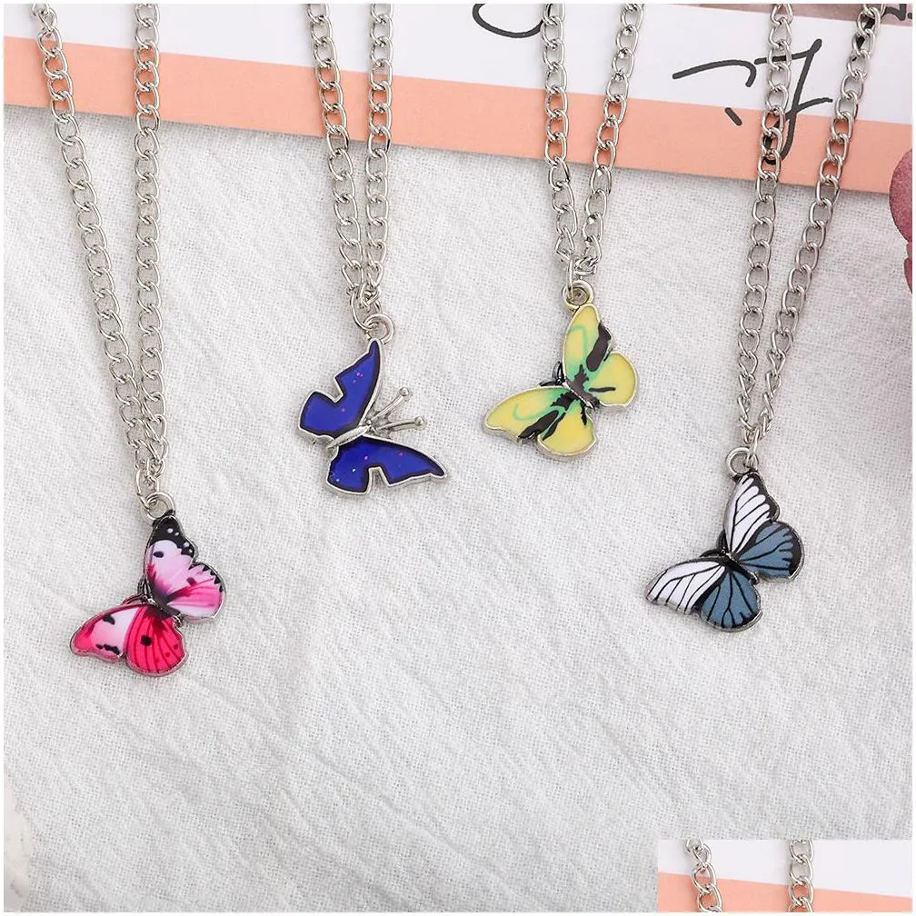 korean blue butterfly necklace for women girls silver color butterflies pendant choker necklaces jewelry gift wholesale