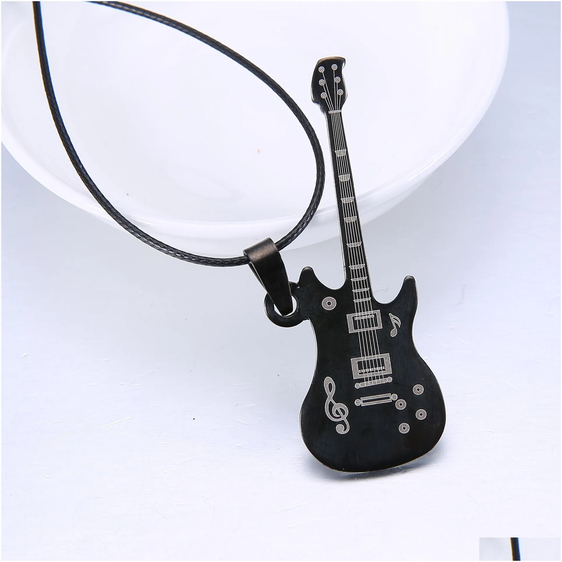 Pendant Necklaces Fashion 316L Stainless Steel Guitar Necklace For Men Pendants Leather Chain Man Necklaces Jewelry Necklaces Pendants Dhpch