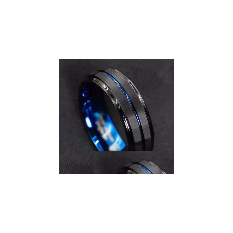 Band Rings Titanium Ring For Men Surface Black Groove Inside Blue Face Stainless Steel Rings Highlight Man Temperament Light Luxury Je Dhkid