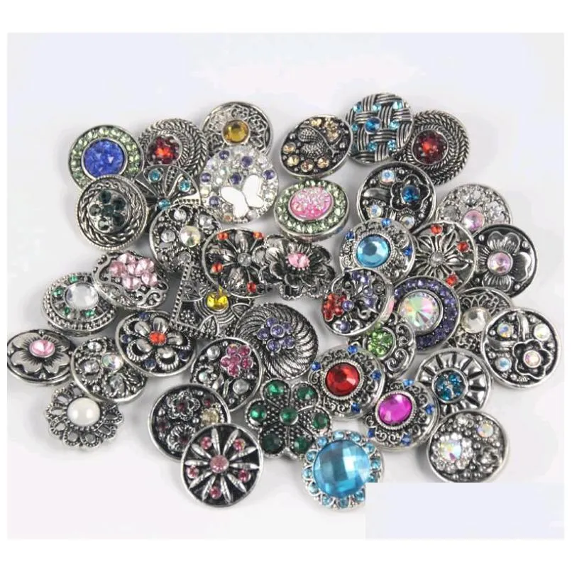 wholesale 18mm metal snap button 50pcs lot mix many designs charm rhinestone styles diy snaps buttons jewelry noosa chunk