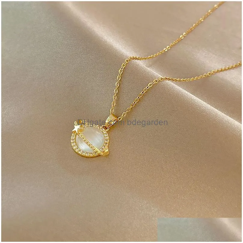 Pendant Necklaces High End Opal Zircon Planet Pendant Necklace Fashion Korean Style Titanium Steel Jewelry For Women Valentines Day Gi Dhflb