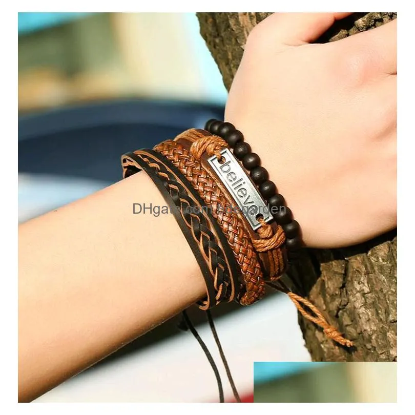 punk retro vintage weave bracelet sets pu leather believe braided rope hand jewelry for men women
