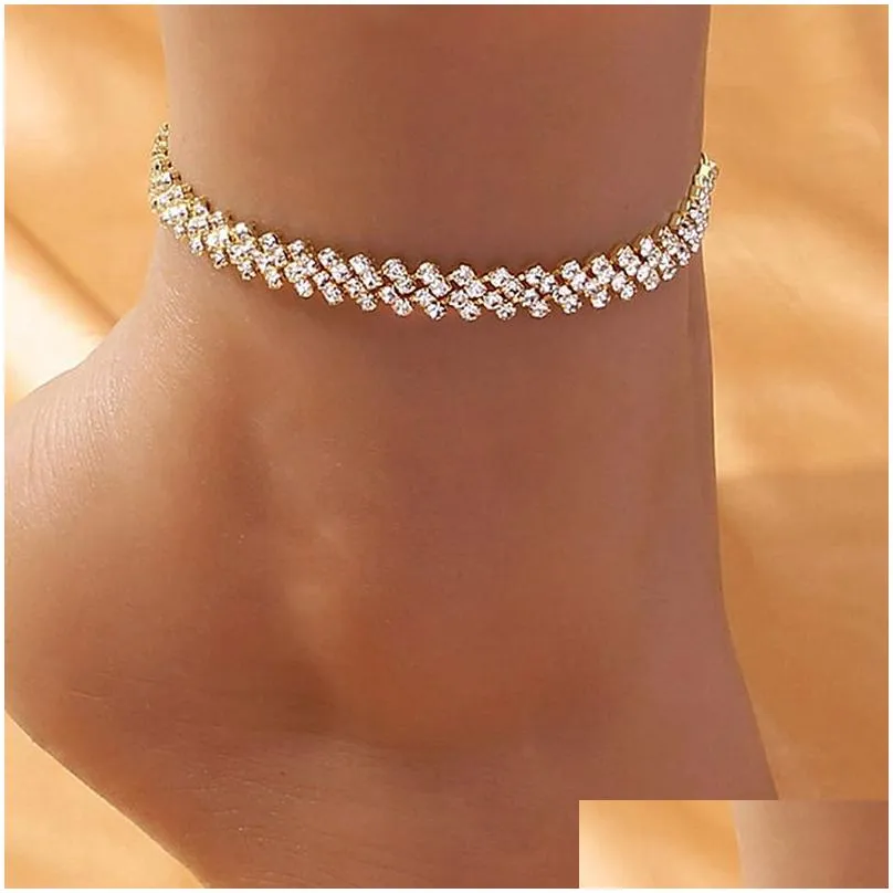 Anklets Beach Accessories Crystal Lozenge Anklet For Women Wholesale Bohemian Vintage Ancle Sandals Ankle Bracelet Chain Jewelry