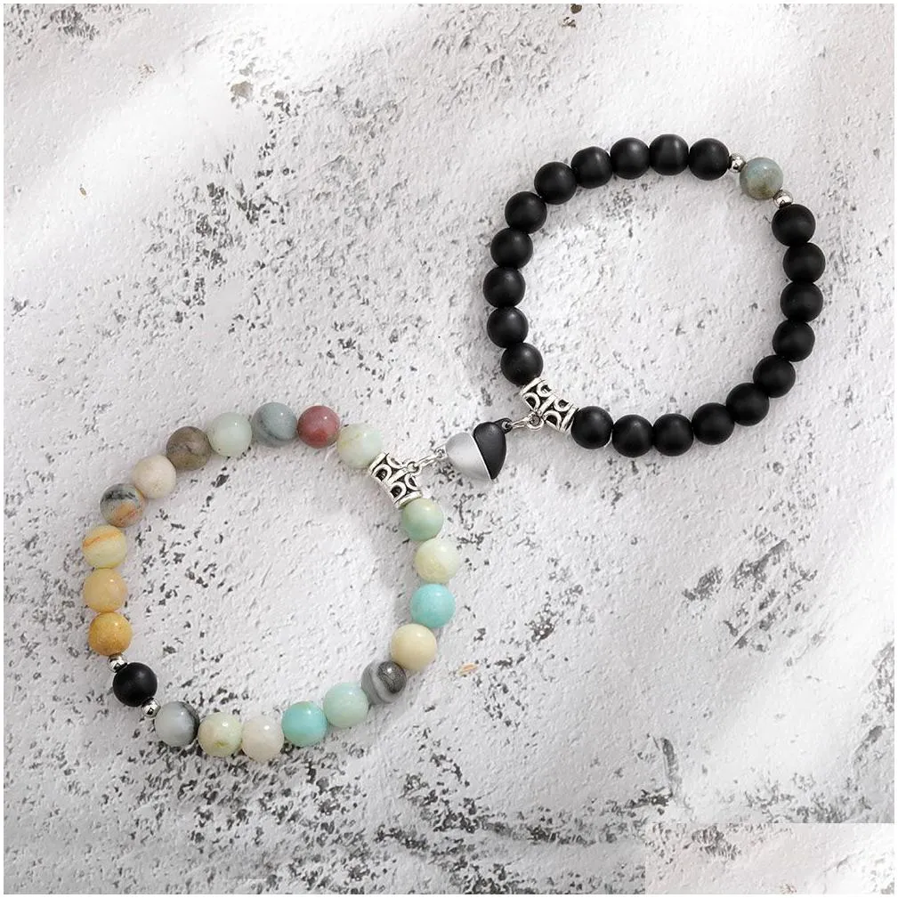 2pcs set creative magnet attract couple charm strand bracelets good friend lover 8mm natural stone beads crown stretch bracelet for