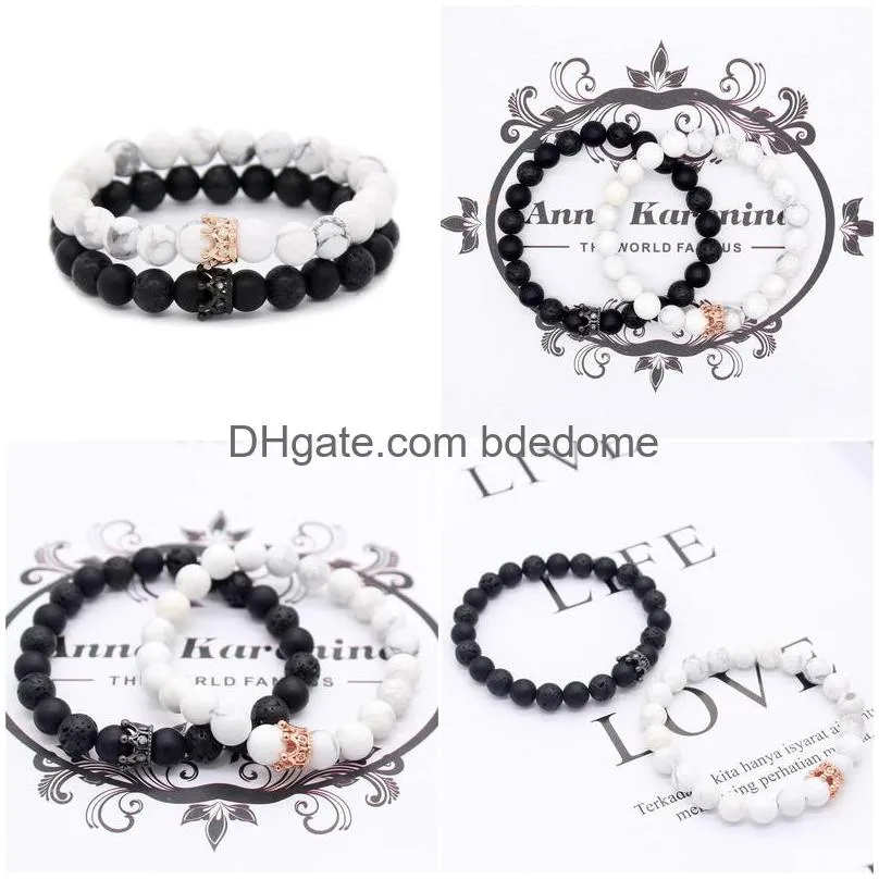 Beaded 8Mm Natural Stone Strands Bracelets Cz Micro Pave Crown King Queen Beads His And Her Couple Bracelet Jewelry Bracelets Dhe7D