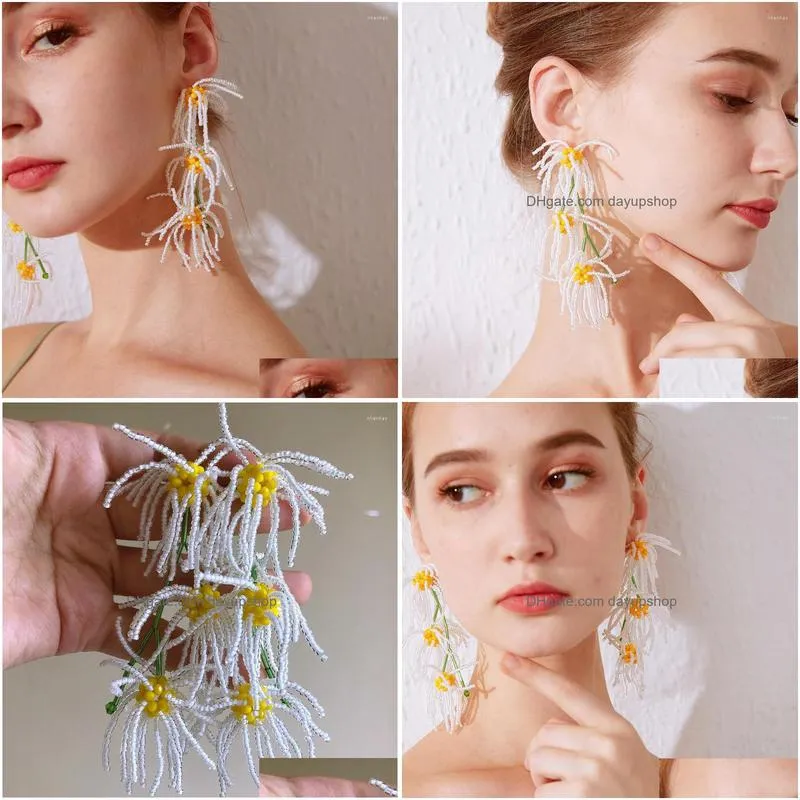 dangle earrings temperament handmade beaded daisy tassel for womanbobo white long holiday style