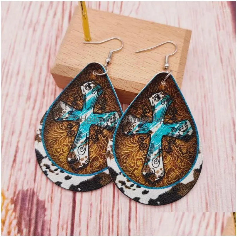 dangle earrings & chandelier western sunflower cowhide turquoise cross print pu leather teardrop for women vintage large jewelry