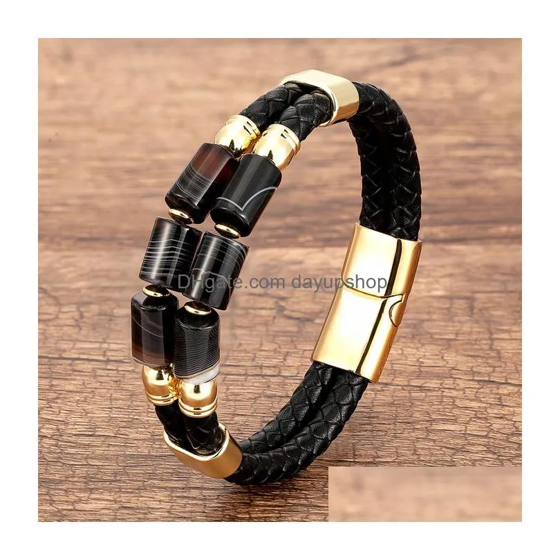 charm bracelets luxury double row stone bangles women natural beaded bracelet stainless steel clasp multilayer leather mens jewelry