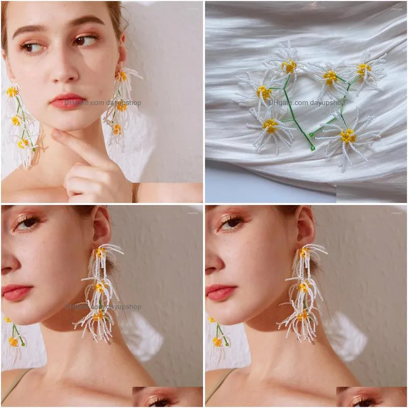 dangle earrings temperament handmade beaded daisy tassel for womanbobo white long holiday style