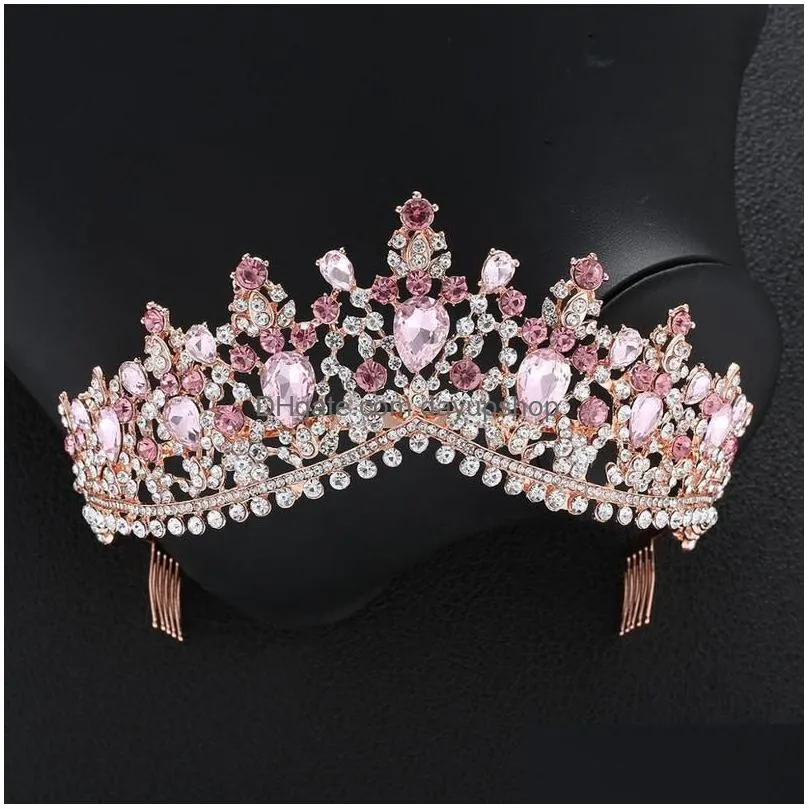 wedding hair jewelry baroque rose gold pink crystal bridal tiara crown with comb pageant prom veil headband accessories 220831