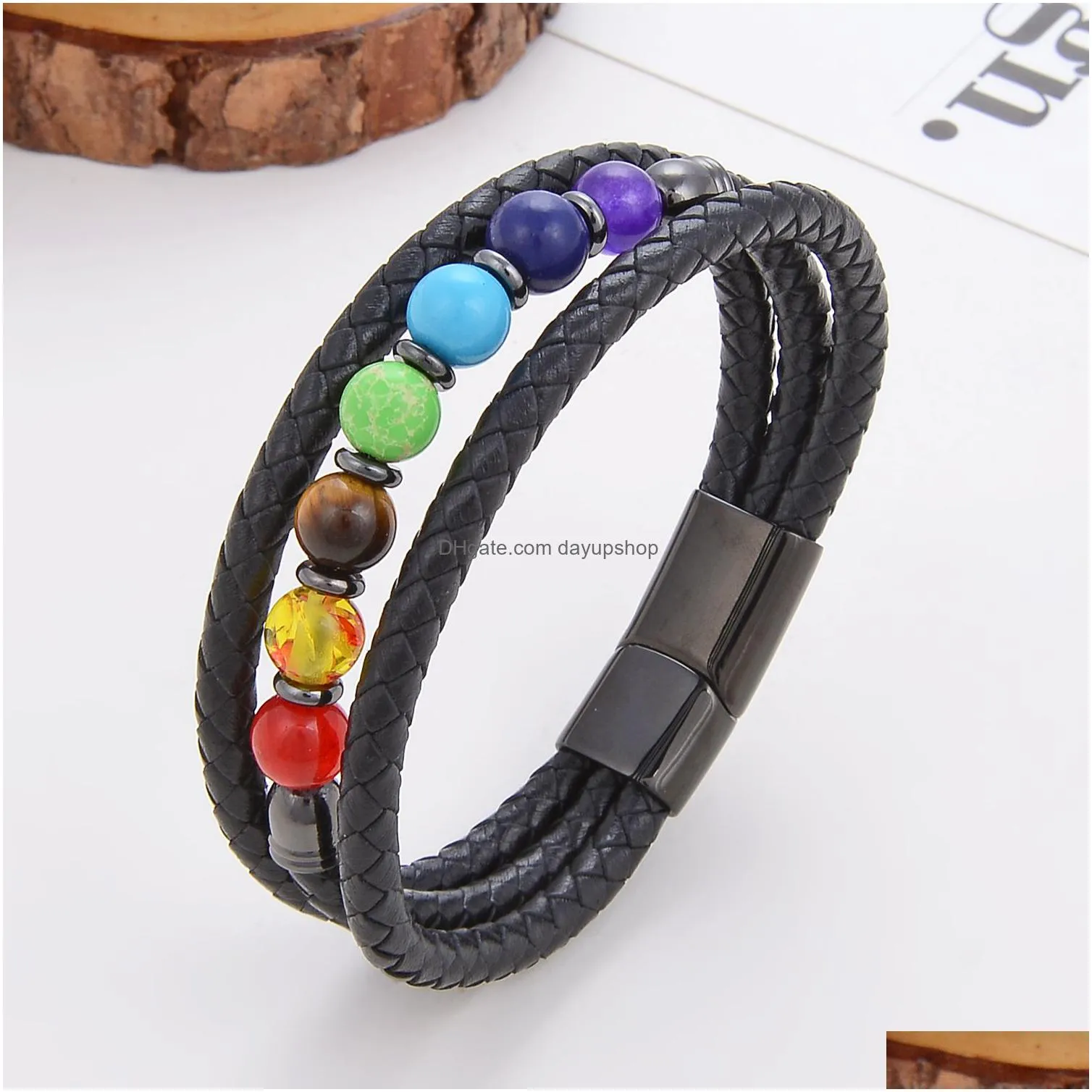 charm bracelets natural tiger eye beads 7 chakra bracelet leather rope chain yoga healing balance mothers day jewelry wholesale 230216