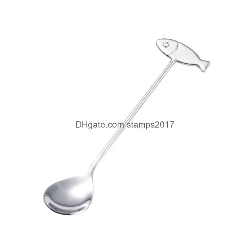 ice cream spoon 304 stainless steel coffee stirring scoop cute cat fish decor long handle scoops water drop shape creative sn4125
