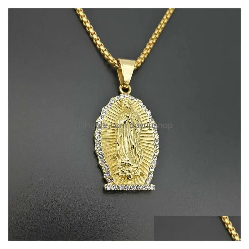 pendant necklaces stainless steel virgin mary necklace for men hip hop rapper jewelry with 60cm gold color link chain