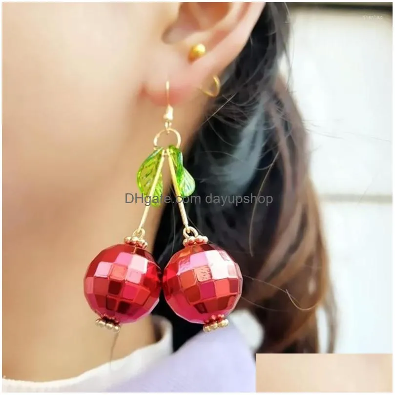 dangle earrings 3d handmade red cherry fruit leaf hoop mirror glossy jewelry 40gb