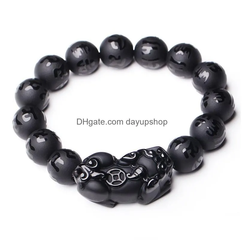 bangle natural black obsidian matte pixiu beaded charm bracelet brave troops sixword mantra wealth pi yao bangle diy men women jewelry