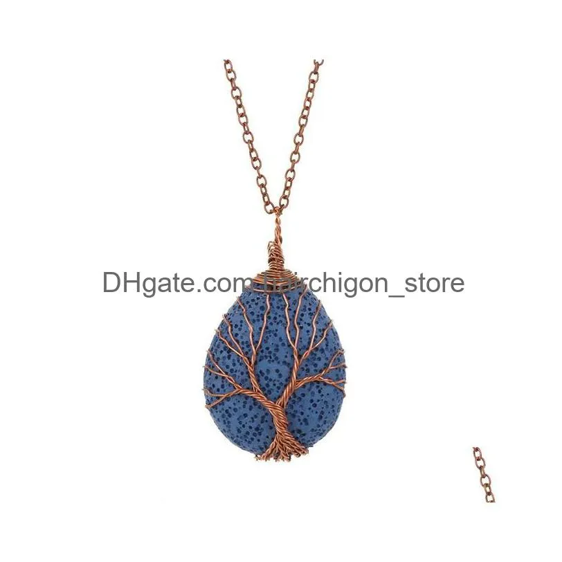 tree of life pattern colorful waterdrop lava stone essential oil diffuser necklace aromatherapy rock stone necklace jewelry