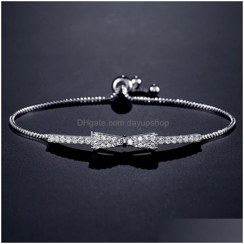 charm bracelets junzi sparkling zirconia small bow bracelet for women fashion simple silver color crystal adjustable wedding jewelry