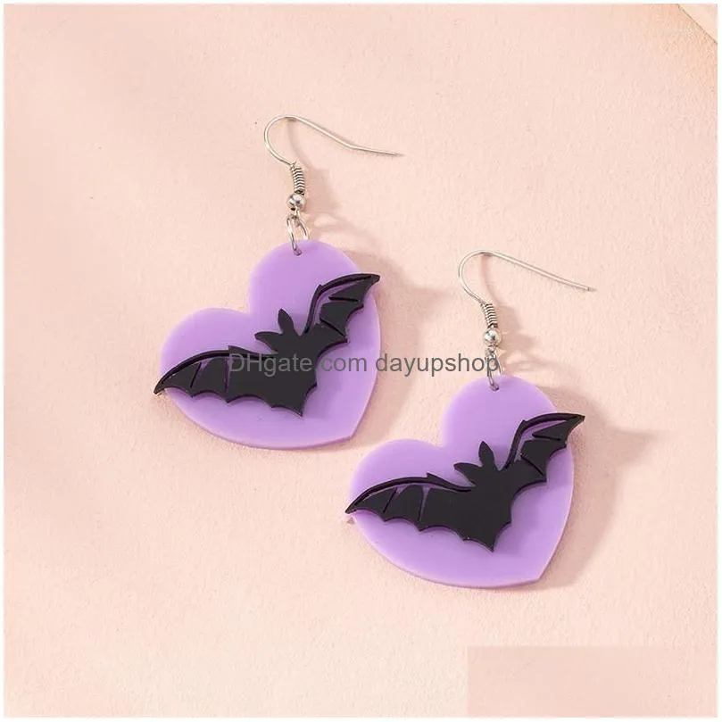 dangle earrings halloween black bat purple peach heart acrylic drop for women girl funny jewelry fashion gift