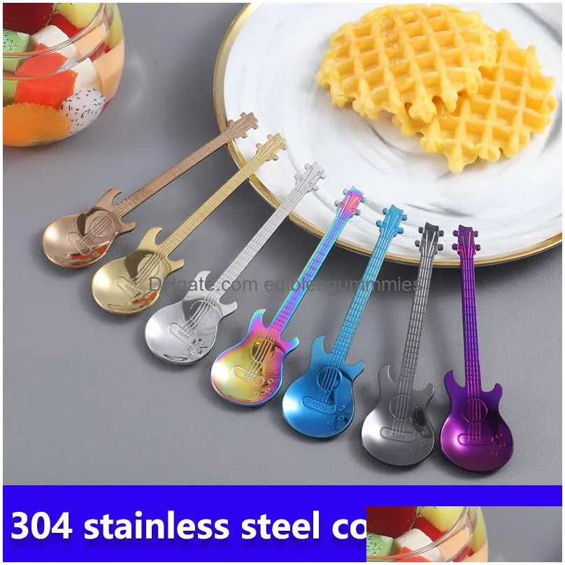  creative 304 stainless steel small coffee spoons guitar violin shape dessert spoon stirring spoon lovely titanium plated ice scoop