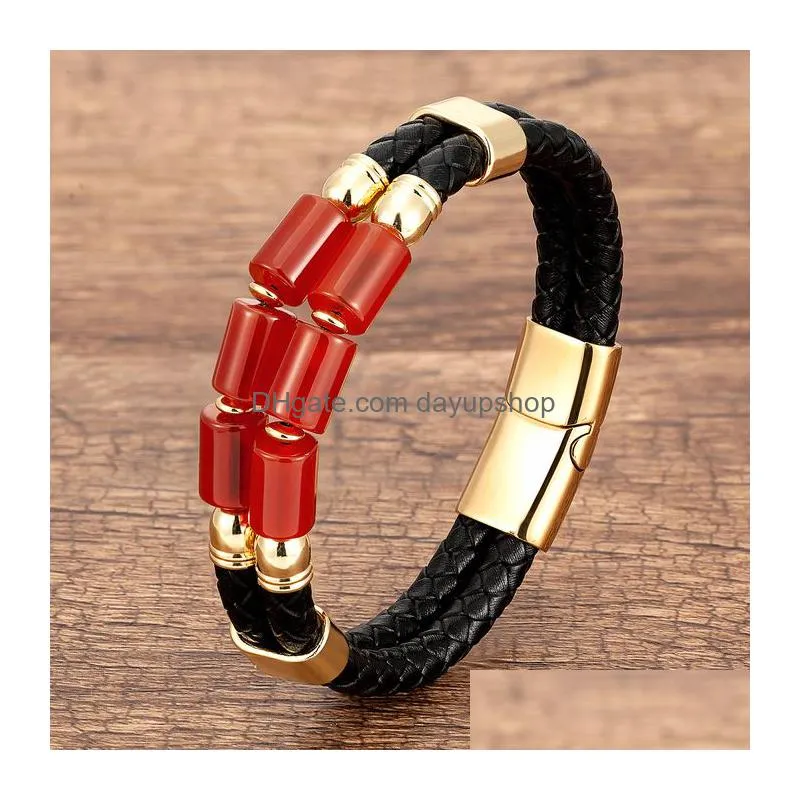 charm bracelets luxury double row stone bangles women natural beaded bracelet stainless steel clasp multilayer leather mens jewelry