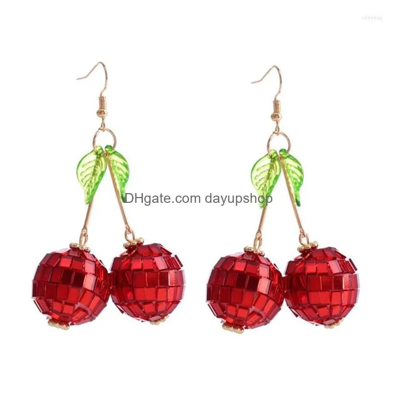 dangle earrings 3d handmade red cherry fruit leaf hoop mirror glossy jewelry 40gb