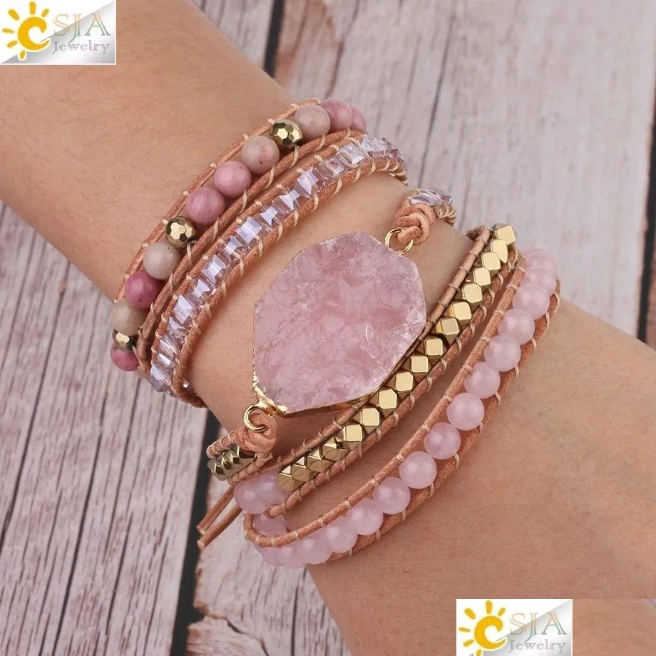 charm bracelets csja natural stone bracelet pink quartz leather wrap for women rose gems crystal beads bohemia jewelry 5 strand s308