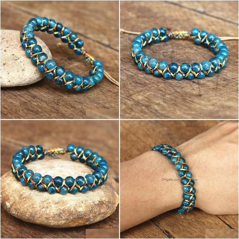 charm bracelets 6mm apatite stone beads braided double layer bangle women men handmade jewelry friendship strand 230216