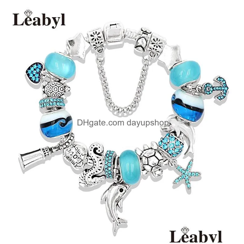 charm bracelets design  bangles for women jewelry gift blue murano crystal glass diy bead 230215